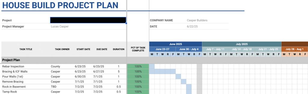 Gantt chart for home build